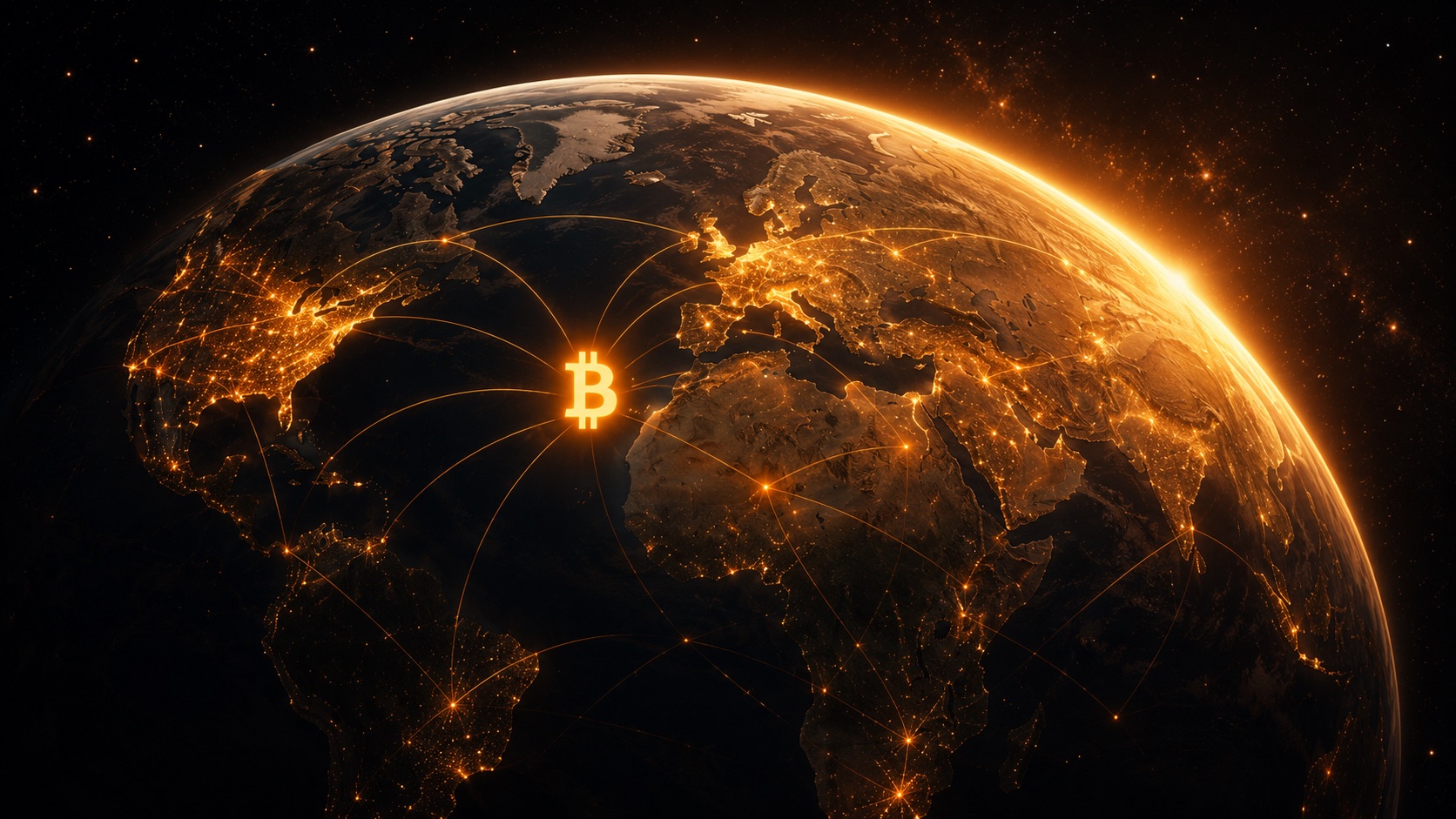 A glowing view of Earth from space with golden connection lines linking cities across the globe and a Bitcoin symbol at the center of the network, representing borderless value moving worldwide.