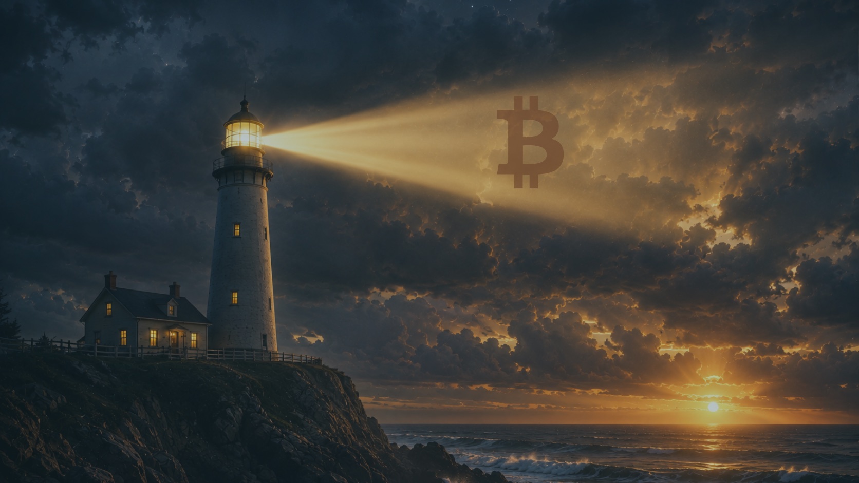 A lighthouse standing on a rocky cliff above the surf at dusk, its beam reaching across dark clouds toward a Bitcoin symbol as the sun sets over the water.