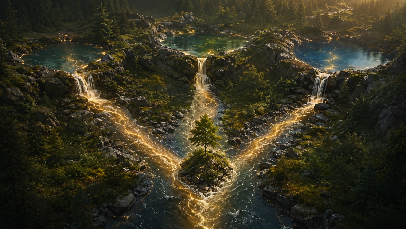 Three mountain reservoirs feed glowing rivers into one unified stream through a forest, symbolizing the biological, cognitive, and relational reserves that sustain personal growth.