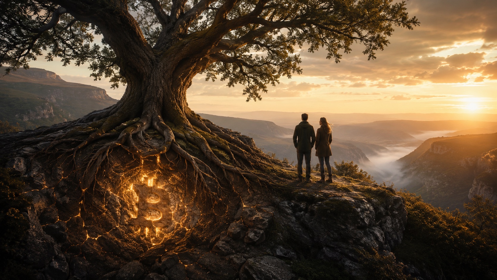 A golden-hour ravine landscape with an ancient tree rooted in bedrock above a glowing Bitcoin symbol, representing permanence, stewardship, and responsibility across generations.