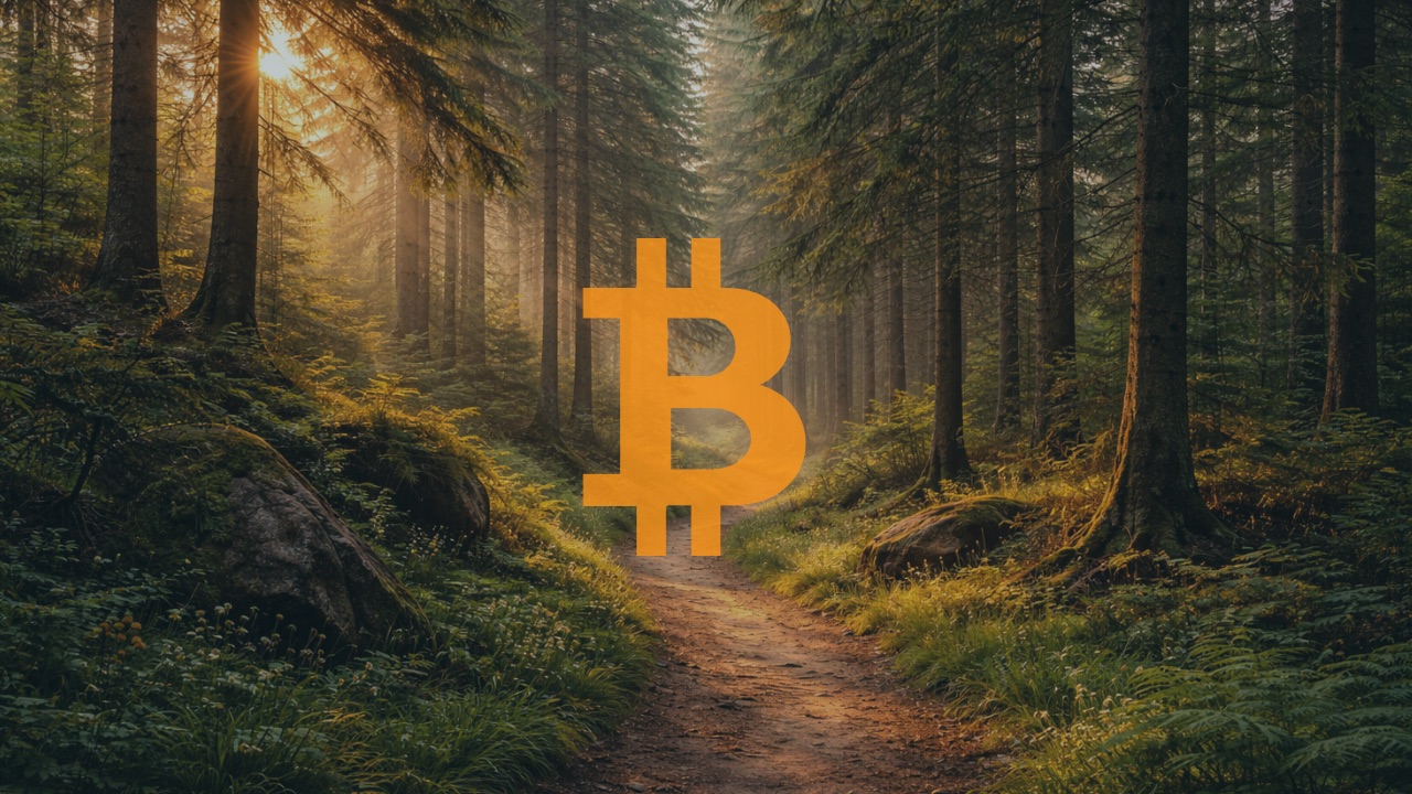 A misty forest trail winding through tall pines toward a softly glowing Bitcoin symbol, evoking patience, nature, and understanding carved slowly over time.